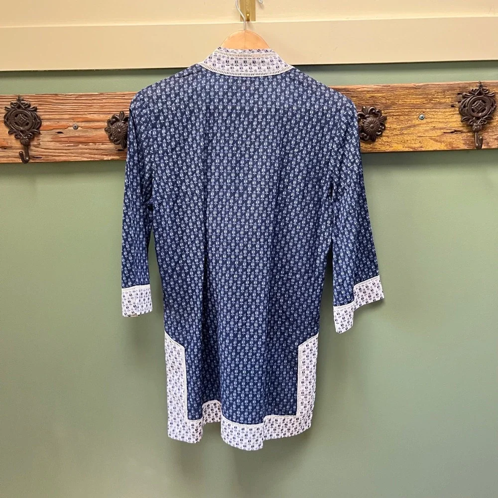 Tory Burch Navy‎ Blue White Floral Cotton Tunic Top Split V-Neck Lace Trim XS